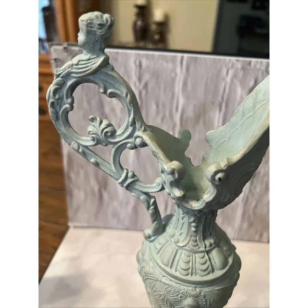 VTG Italian Ornate Ewer Vase – Rococo Revival Cast Metal with Verdigris‎ Finish